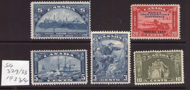 Canada 1933/4 SG329/33 George V,precancel  multiple, multi-colour, L/ hinged