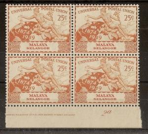 Selangor 1949 25c UPU Plate 2a Imprint Block MNH