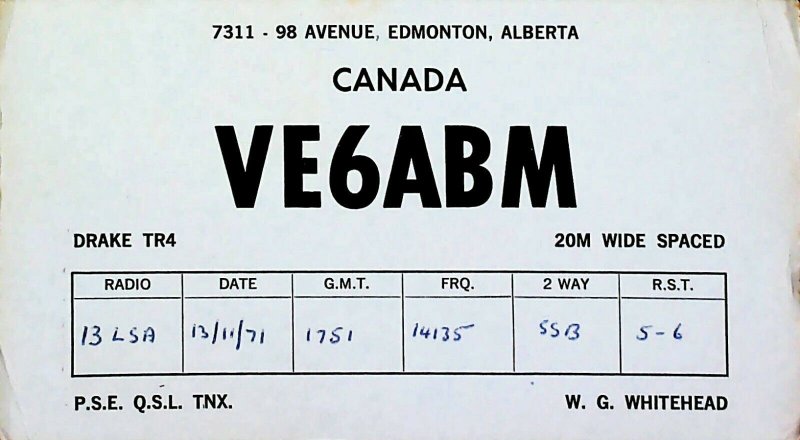 Edmonton Alberta CANADA 1971 Amateur Radio QSL Card 16592