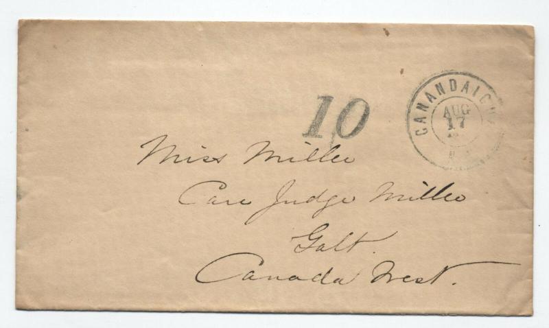 1863 Canandaigua NY double circle CDS stampless to Canada 10 rate [3272]