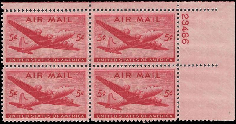 US #C32 5¢ SKYMASTER MNH UR PLATE BLOCK #23486 DURLAND .50¢