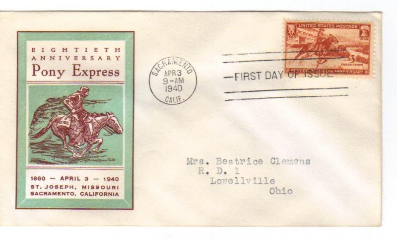 US 894 (Me-1) 3c Pony Express single on FDC Linprint Cachet ECV $20.00