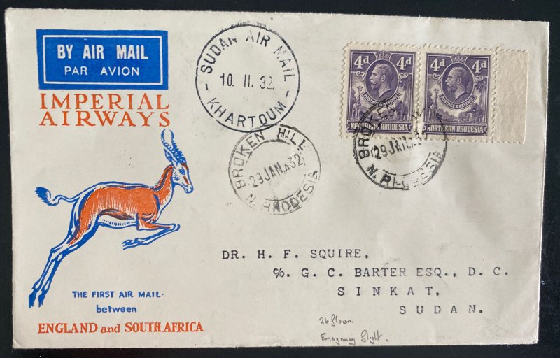 1932 Broken Hill Northern Rhodesia First Flight  Cover To Sinkat Sudan 26 Flown