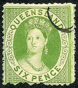 Queensland 1874 6d Proof in Green No wmk Perf 13 SCARCE (with gum creased)