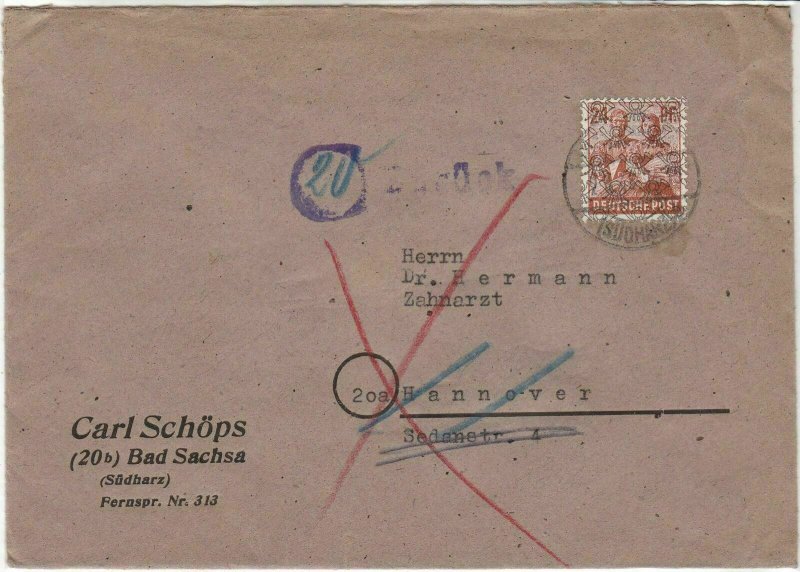 Germany Bad Sachsa 1948 Allied Occupation Stamps Cover to Hanover Ref 32376