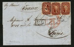 US Scott #28 x 3 on Cover, New Orleans to France by Steamer 1857