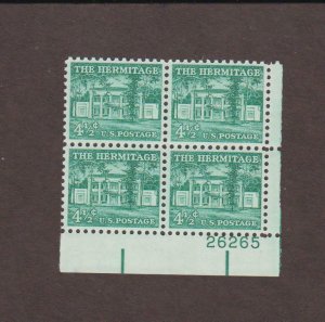 US,1037,THE HERMITAGE, PLATE BLOCK,LIBERTY SERIES MINT NH,OG