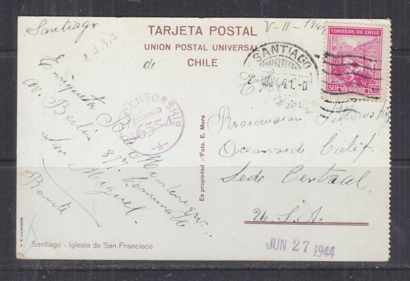 CHILE, 1941 censored ppc. Santiago, San Francisco Church, 30c. Santiago to USA.