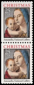 US 2514a Christmas Madonna & Child 25c vert pair from booklet MNH 1990