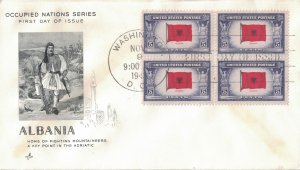 1943 FDC, #912, 5c Overrun Country - Albania, Art Craft, block of 4