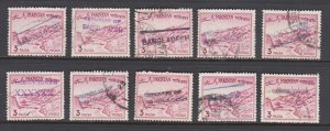 Bangladesh, Pakistan Sc 131 used 1971 3p w/ Bangladesh local ovpts, 10 different