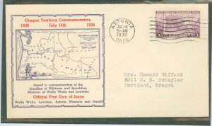 US 783 1936 3c Oregon Territory Centennial on an addressed (typed) FDC with an Astoria, OR cancel and an unlisted cachet