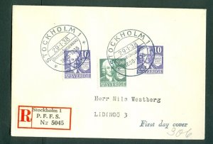 Sweden. 1938  FDC. Reg: 5045. E. Swedenborg. 2 x10 + 100 Ore. Adr: Lidingo 3