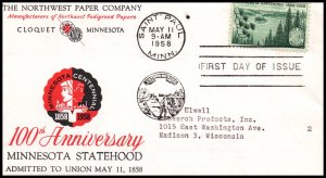 US 1106 Minnesota Statehood 1st Northwest Paper Typed FDC