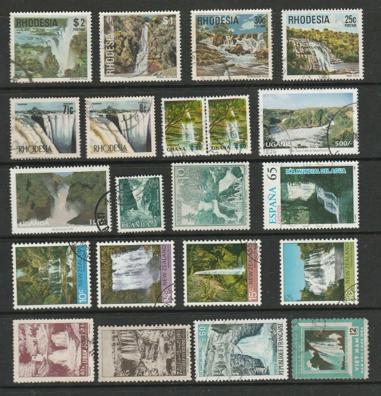 Rhodesia and other Countries 20 Waterfall Stamps. Fine Used