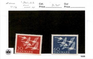 Denmark, Postage Stamp, #361-362 Mint NH, 1956 Whooper Swans Birds (AB)