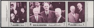 Ras al Khaima (mh strip of 3) Charles de Gaulle with world leaders (1970?)