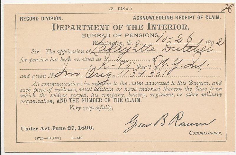 1892 Washington DC Machine Cancel on Dept of the Interior Pension Claim Receipt