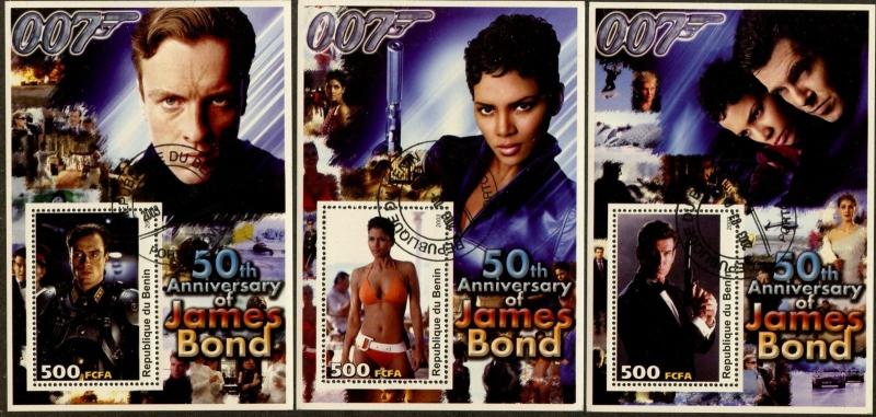 BENIN 2003 James Bond 50th Anniv. Set of 4 Souvenir Sheets Cancelled