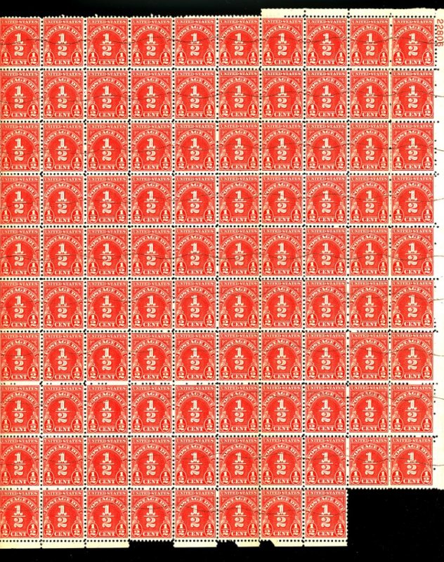 U.S. #1/2 CENT POSTAGE DUE SHEET 98 STAMPS PERF SEPERATIONS OG NH