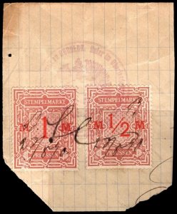 Vintage Germany Revenue Prussia 1/2 & 1 Mark Duty Stamp Used w/Official Cancel