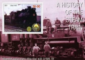 Uzbekistan 2001 STEAM TRAINS Rotary Emblem s/s Perforated Mint (NH)