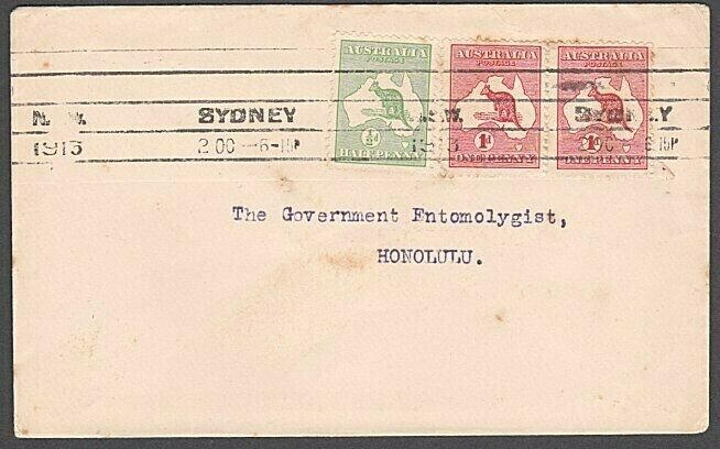 AUSTRALIA 1913 Kangaroos on cover to Hawaii - 2½d rate ex Sydney...........57231