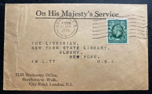 1935 London England On His Majesty’s Service Cover Perfin Stamp To New York Usa