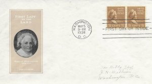 1938 Prexie FDC, #805, 1-1/2c Martha Washington, Ioor, pair