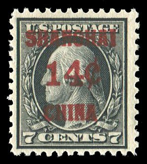 United States, Offices in China #K7 Cat$225, 1919 14c on 7c black, never hing...