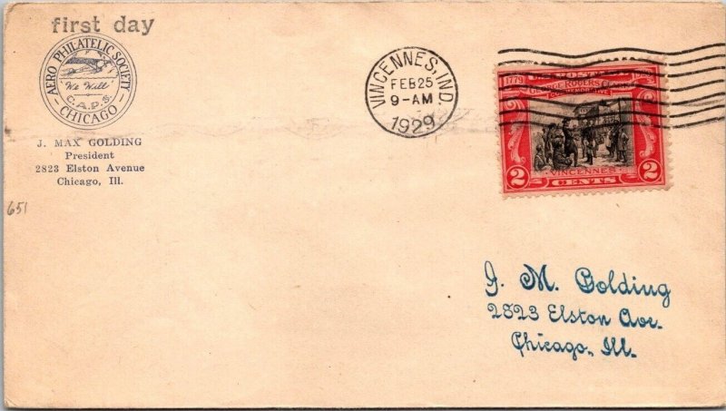 FDC 1929 SC #651 Aero Philatelic Soc - Vincennes, Ind - Single - F60844