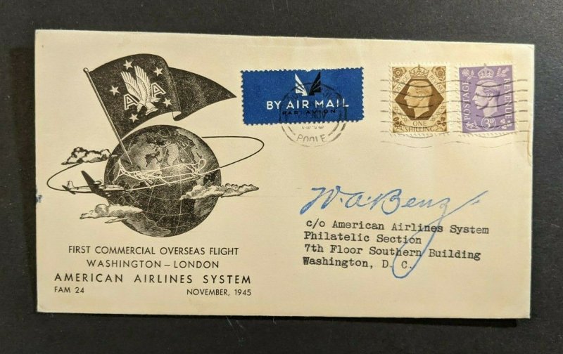 1945 England First Flight Cover to Washington DC American Airlines Pilot Signed