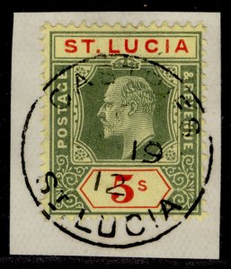 St.Lucia Edvii SG77,5s Vert & Rouge / Jaune,Vfu. Cat Complet Pmk sur le Morceau