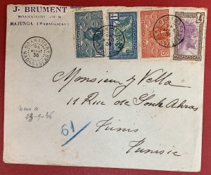 Madagascar, 1936, Scott #147, 149, 152, 155, on Cover from Majunga to Tunisia