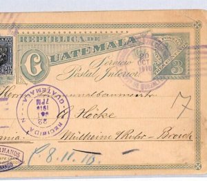 GUATEMALA 3c Postal Stationery Card QUETZALTENANGO 1910 Germany {samwells}PH327