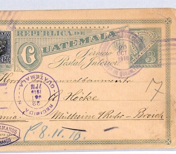 GUATEMALA 3c Postal Stationery Card QUETZALTENANGO 1910 Germany {samwells}PH327