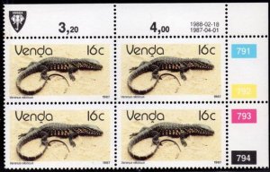 Venda - 1986 Reptiles 16c 1988.02.18 Plate Block MNH** SG 131