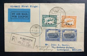 1932 Windhoek South West Airmail First Flight Cover FFC To Liverpool England