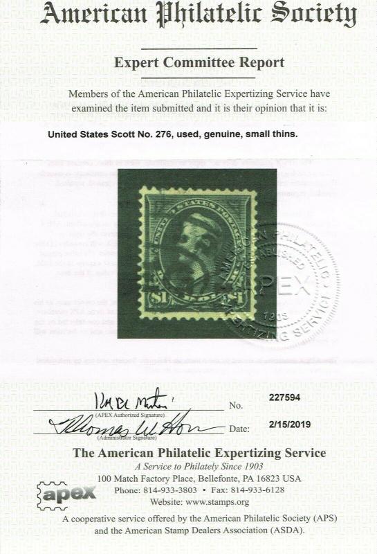 GENUINE SCOTT #276 VF+ USED 1897 BLACK TYPE-I APS CERT DUAL OVAL REGISTRY CANCEL