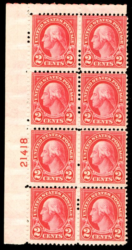 US #634 PLATE BLOCK of 8, VF/XF mint never  hinged, lovely fresh color,  post...