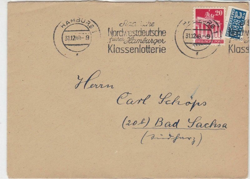 Germany 1948 Obligatory Tax Aid For Berlin Hamburg Cancel Stamps Cover Ref 24167