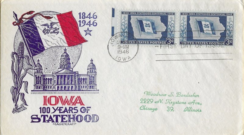 1946 FDC, #942, 3c Iowa Centennial, Cachet Craft, pair