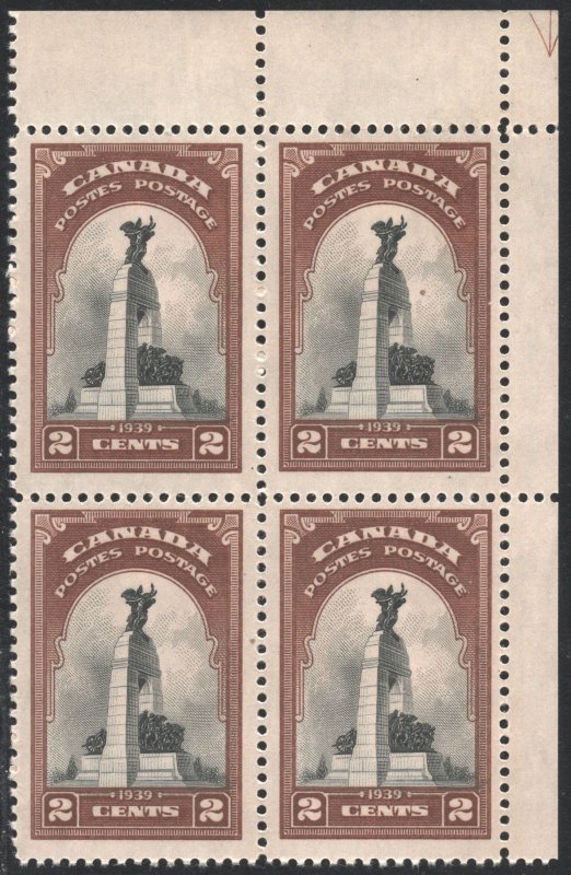 Canada SC#247 2¢ National War Memorial, Ottawa Corner Block of Four (1939) MNH