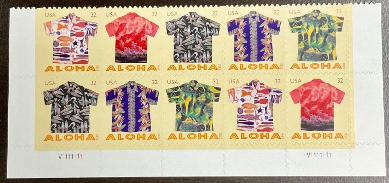 4592-96 Aloha Shirts MNH 32 c Plate Block of 10 FV $3.20  2012 