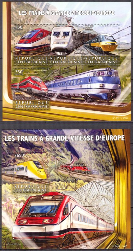 Central African Republic 2015 Modern European Trains Locomotives Sheet + S/S MNH