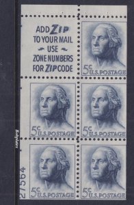 BOBPLATES #1213a Washington Booklet Pane Lower Left 27564 70% MintNH DCV=$120