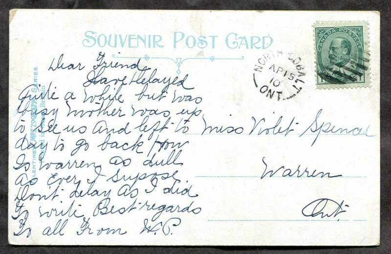 4521 - NORTH COBALT Ontario 1910 Split Ring on Postcard to Warren