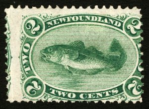 Newfoundland #24/ 1870 2c Green Codfish with Massive Misperf Error Mint Hinged