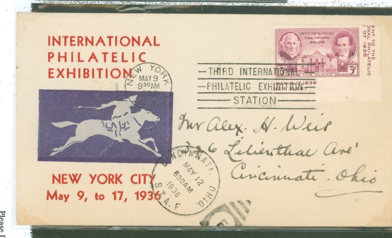 US 778d 1936 3c single imperf stamp from the Tipex S/S on an addressed FDC with an unknown cachet maker