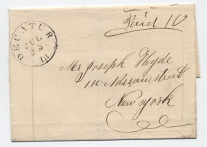 1840s Decatur IL black CDS stampless cover to New York paid 10 rate [h.4584]